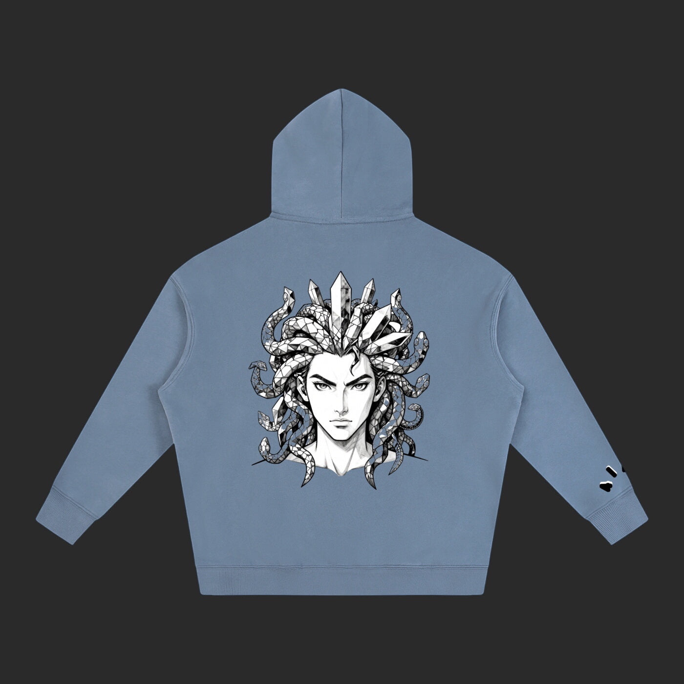 4iir Revenge hoodie in dusty blue featuring a detailed black and white Medusa graphic on the back.