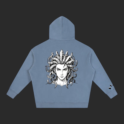 4iir Revenge hoodie in dusty blue featuring a detailed black and white Medusa graphic on the back.