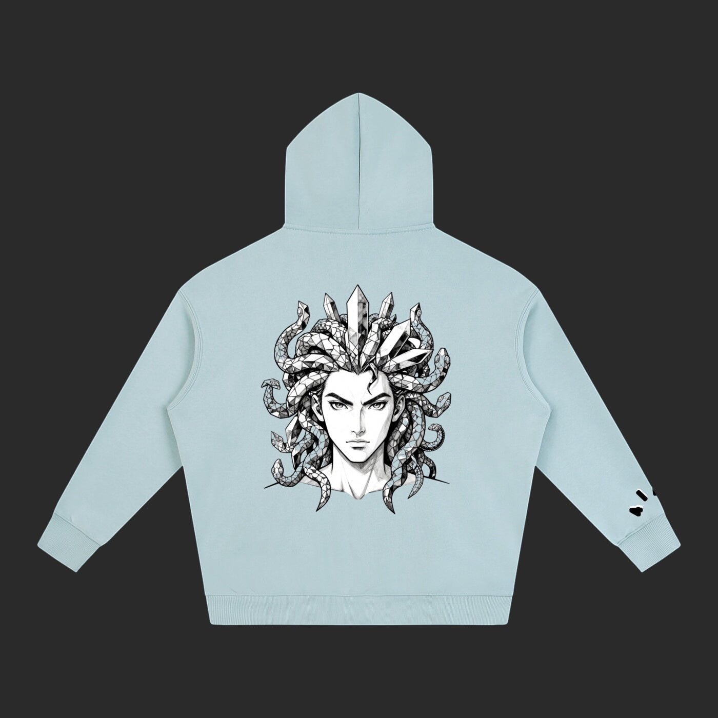 4iir Revenge hoodie in light blue featuring a detailed Medusa graphic on the back with snakes and crystal accents.