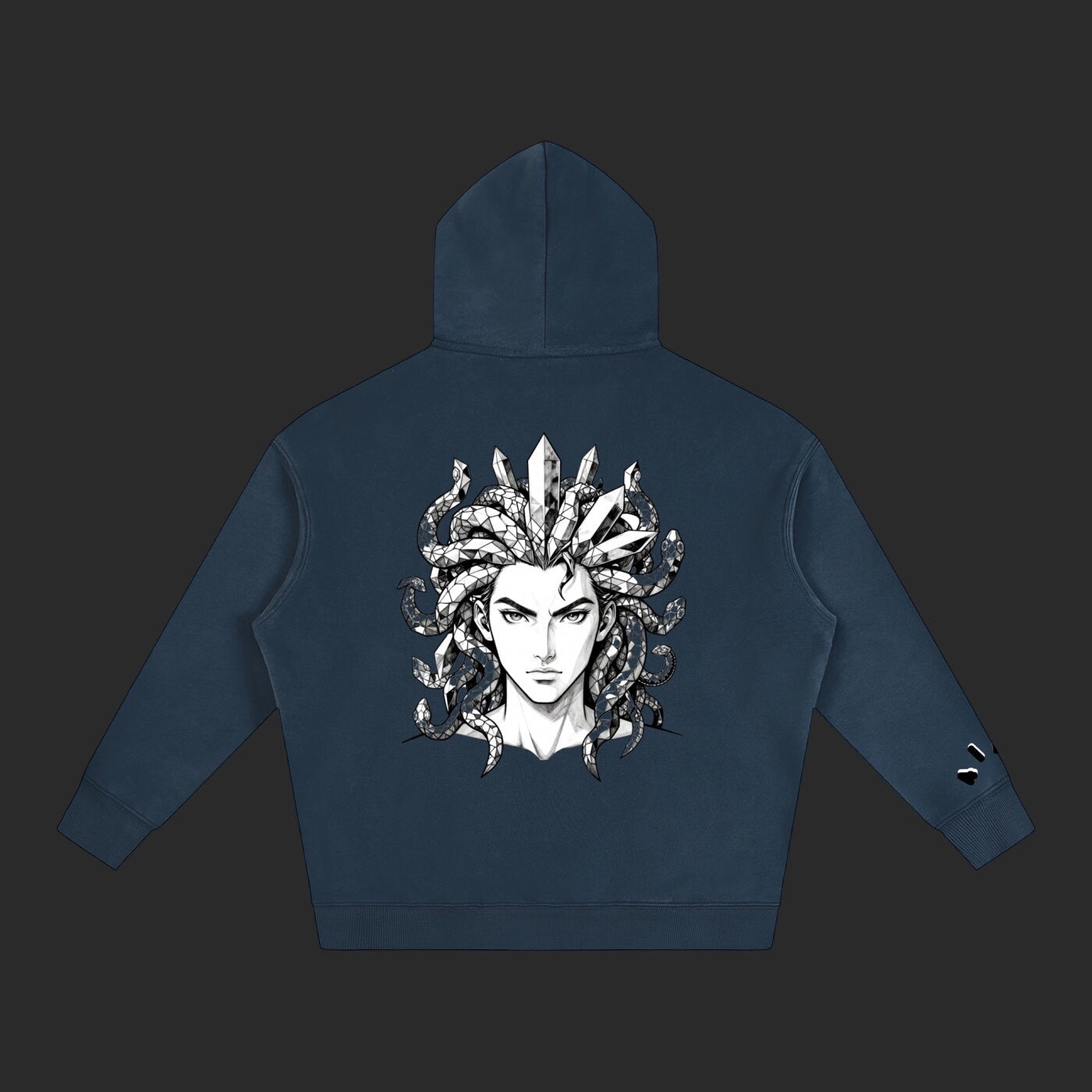 4iir Revenge hoodie in dark blue featuring a detailed black and white Medusa graphic on the back.