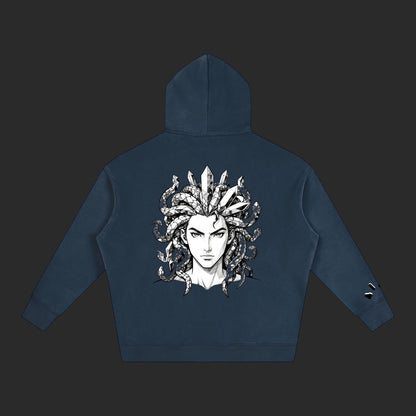 4iir Revenge hoodie in dark blue featuring a detailed black and white Medusa graphic on the back.