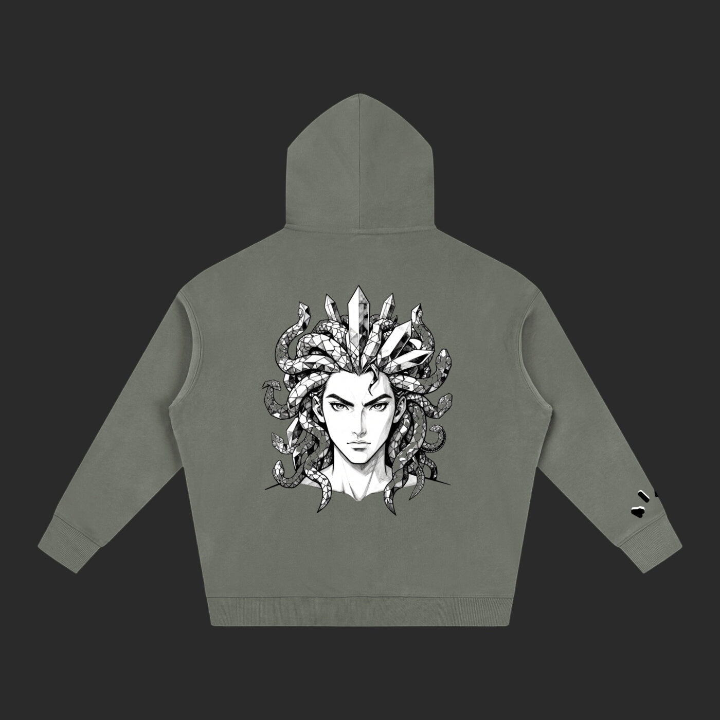 4iir Revenge hoodie in olive green featuring a detailed black and white Medusa graphic on the back