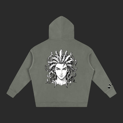 4iir Revenge hoodie in olive green featuring a detailed black and white Medusa graphic on the back