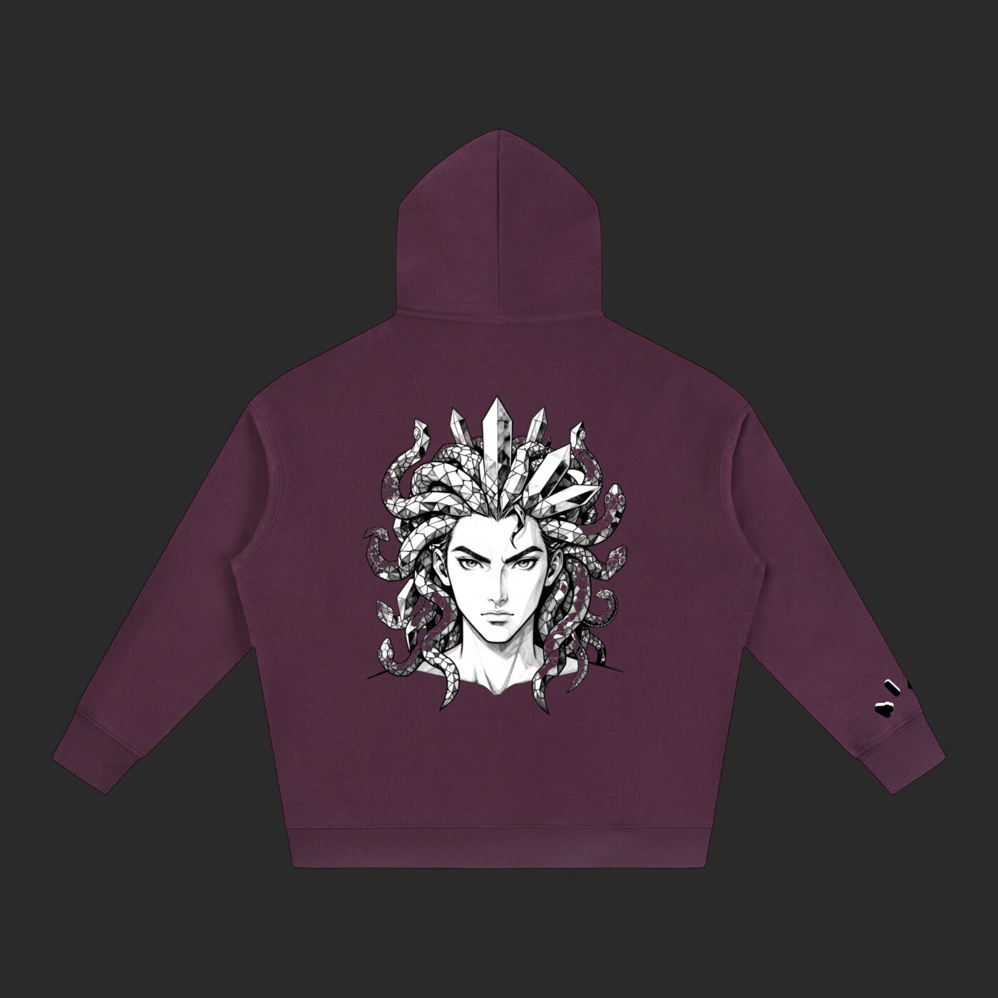 4iir Revenge hoodie in deep purple featuring a back graphic of a Medusa figure with crystal snakes and hair.
