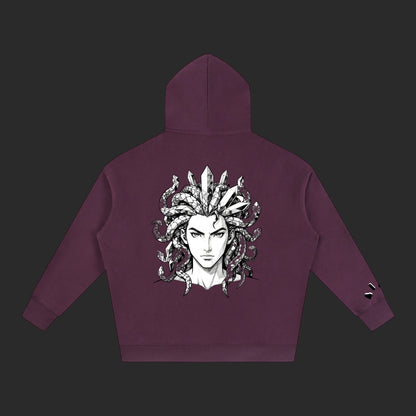 4iir Revenge hoodie in deep purple featuring a back graphic of a Medusa figure with crystal snakes and hair.