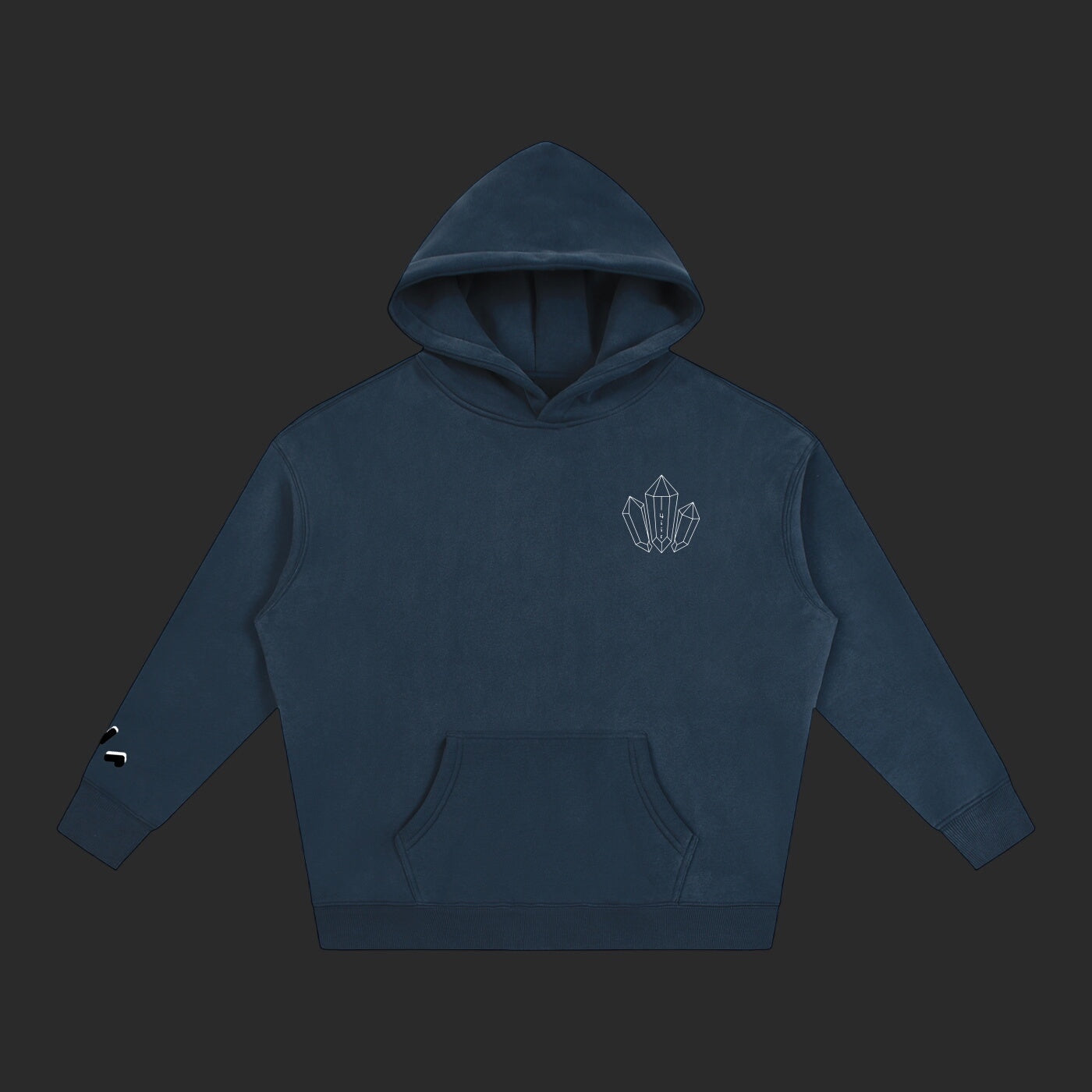 4iir Revenge hoodie in dark navy blue with a small white crystal graphic on the chest and sleeve detail.