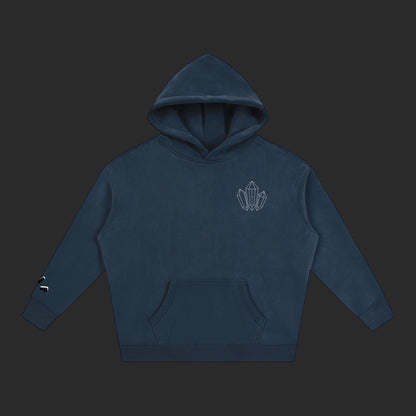 4iir Revenge hoodie in dark navy blue with a small white crystal graphic on the chest and sleeve detail.