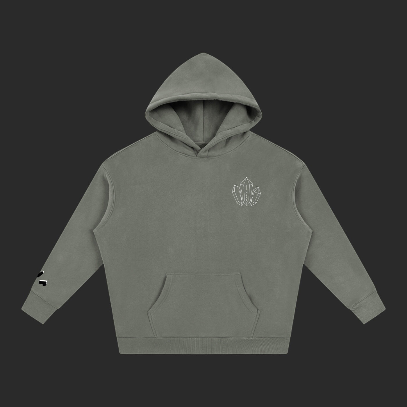 4iir Revenge hoodie in olive green with a white crystal chest graphic and sleeve detail, thick cotton-blend fabric.