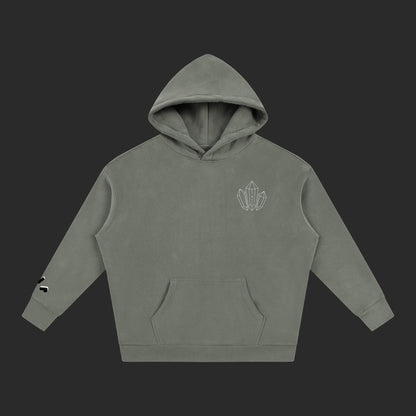 4iir Revenge hoodie in olive green with a white crystal chest graphic and sleeve detail, thick cotton-blend fabric.