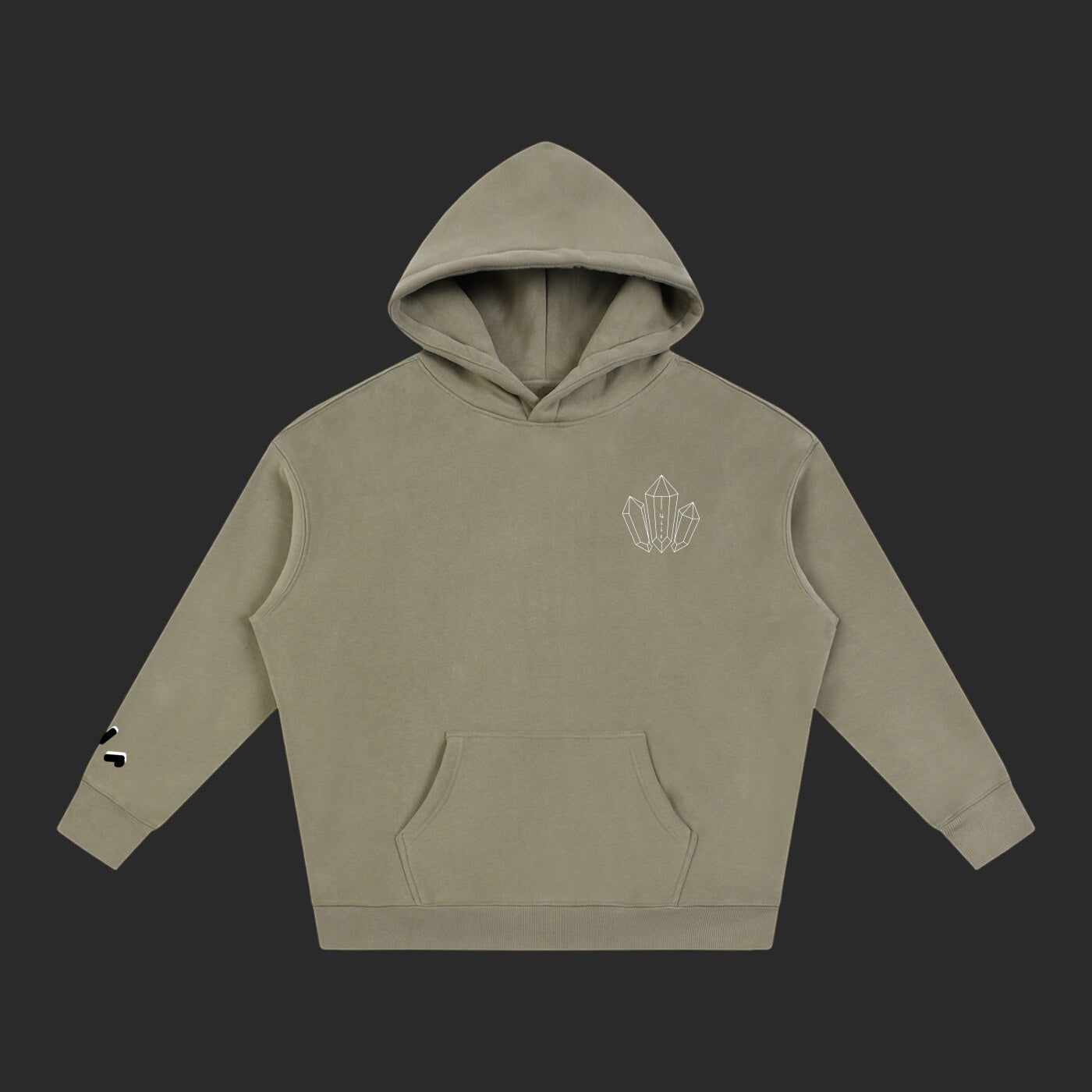 4iir Revenge hoodie in olive green with a minimalist white crystal graphic on the chest and sleeve detail.