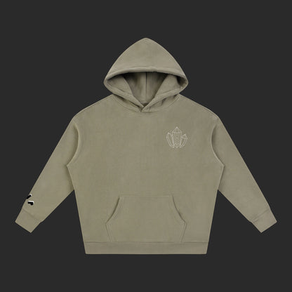 4iir Revenge hoodie in olive green with a minimalist white crystal graphic on the chest and sleeve detail.