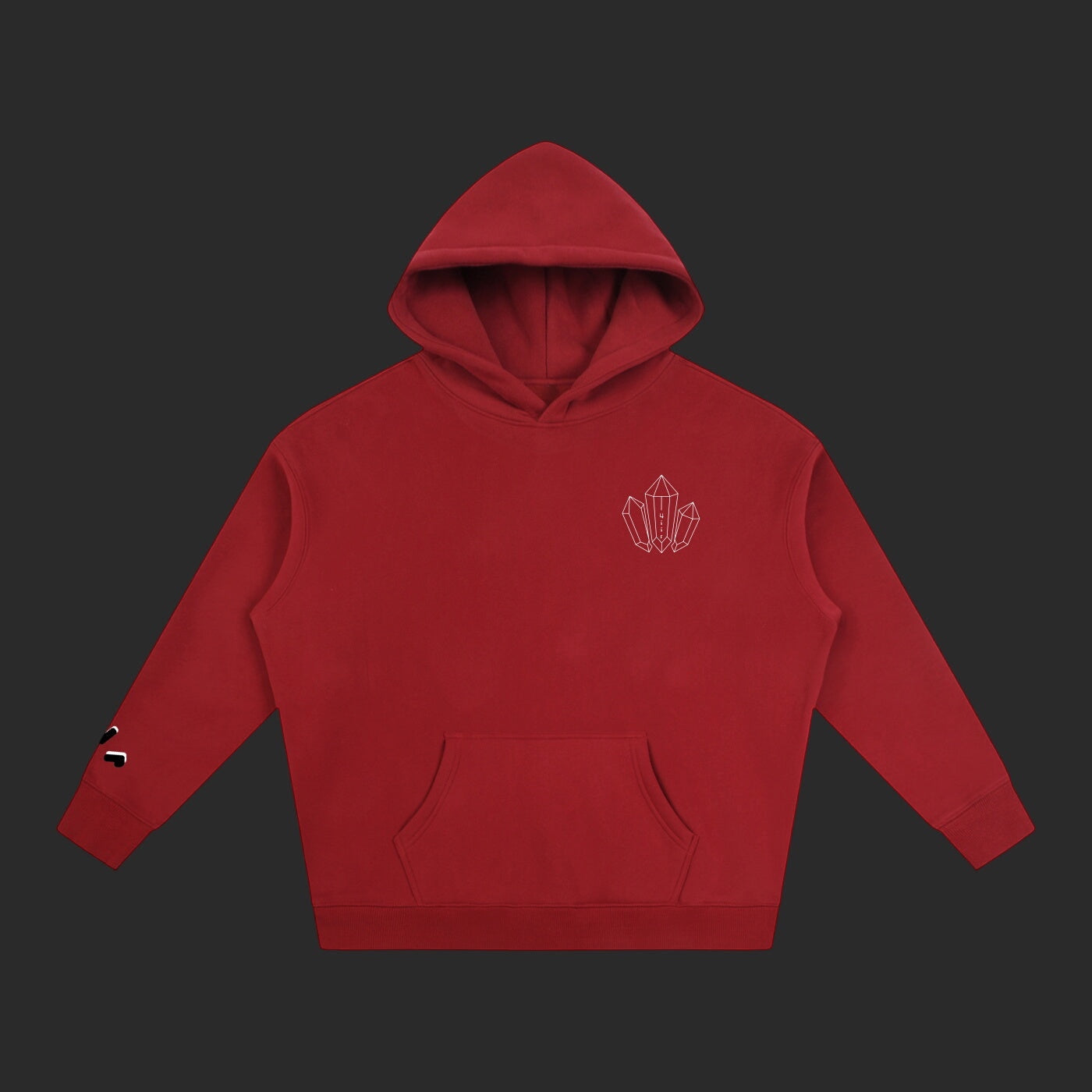 4iir Revenge hoodie in deep red with a white crystal graphic on the chest and sleeve detail, thick cotton blend.