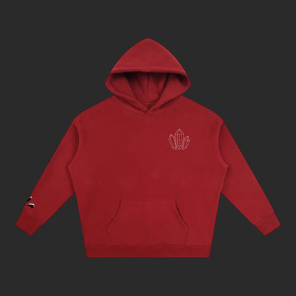 4iir Revenge hoodie in deep red with a white crystal graphic on the chest and sleeve detail, thick cotton blend.