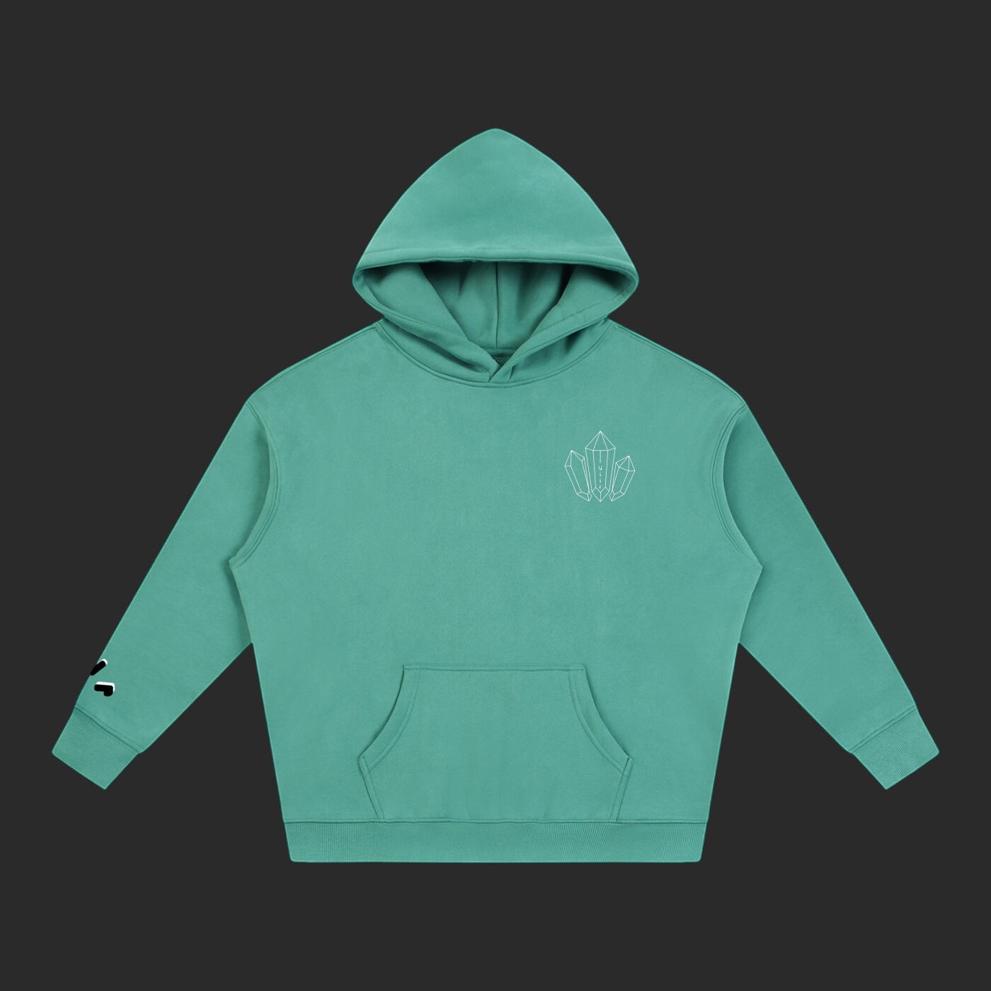 4iir Revenge hoodie in teal with a small white crystal graphic on the chest and a kangaroo pocket.