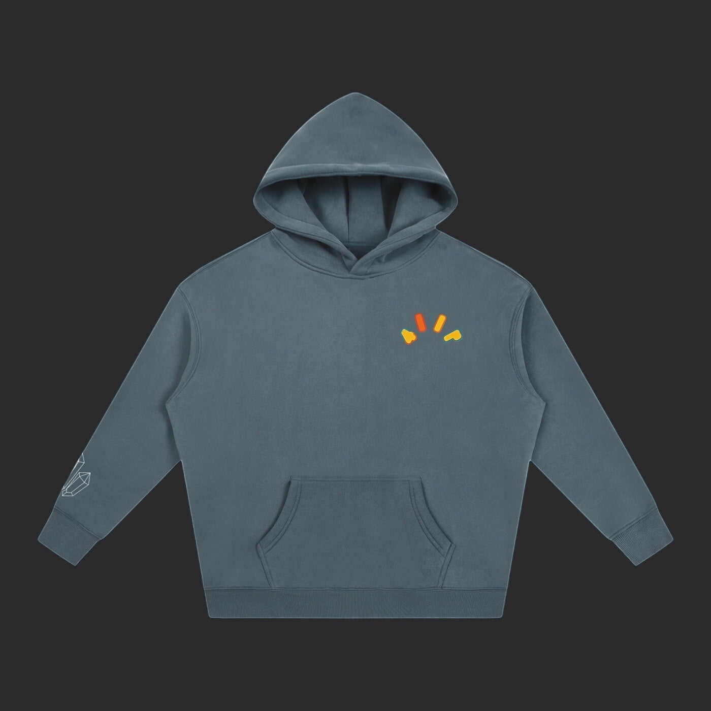 4iir Crystal Lava hoodie in slate blue with a small orange and yellow graphic on the chest and crystal sleeve print.