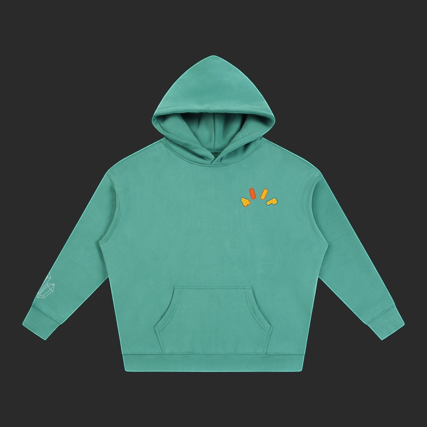 4iir Crystal Lava hoodie in teal green with a small chest logo and crystal graphic on the sleeve