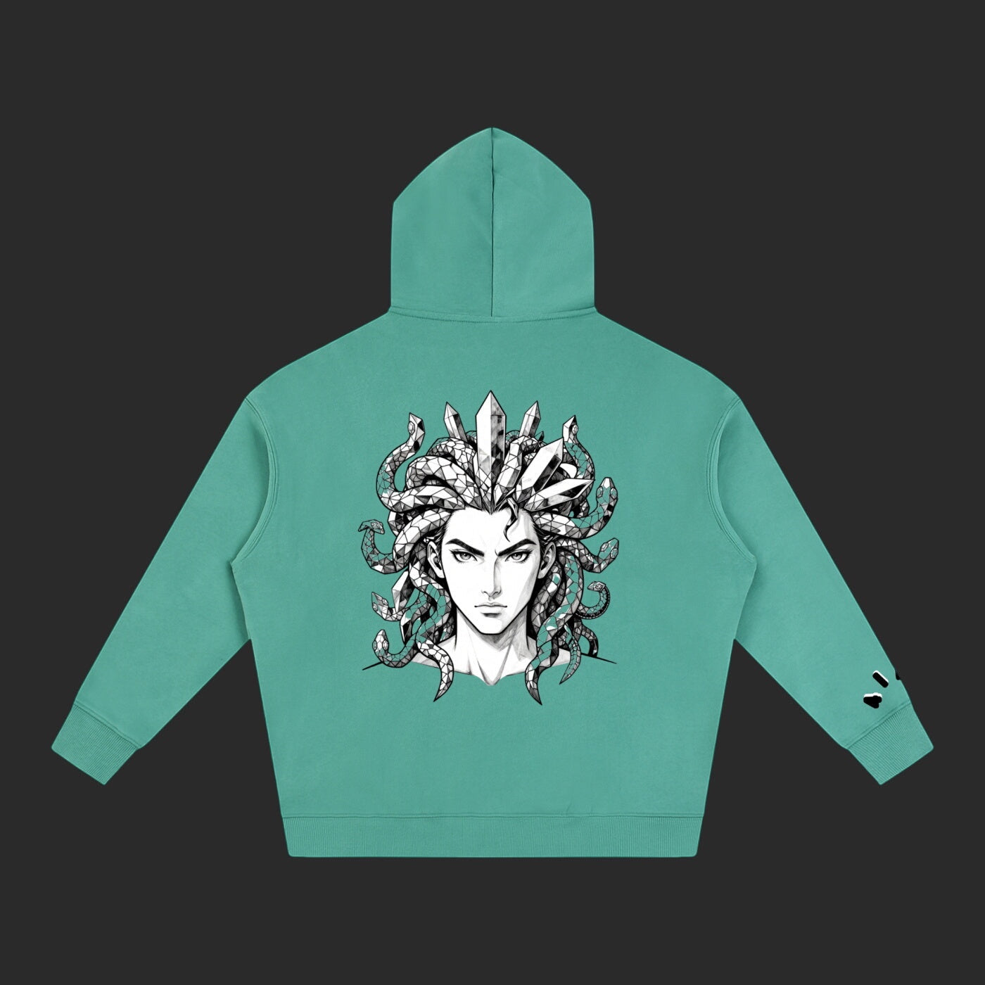 4iir teal Revenge hoodie featuring a detailed Medusa graphic with crystal snakes on the back