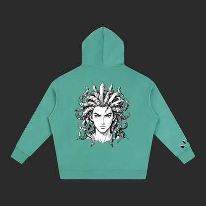 4iir teal Revenge hoodie featuring a detailed Medusa graphic with crystal snakes on the back