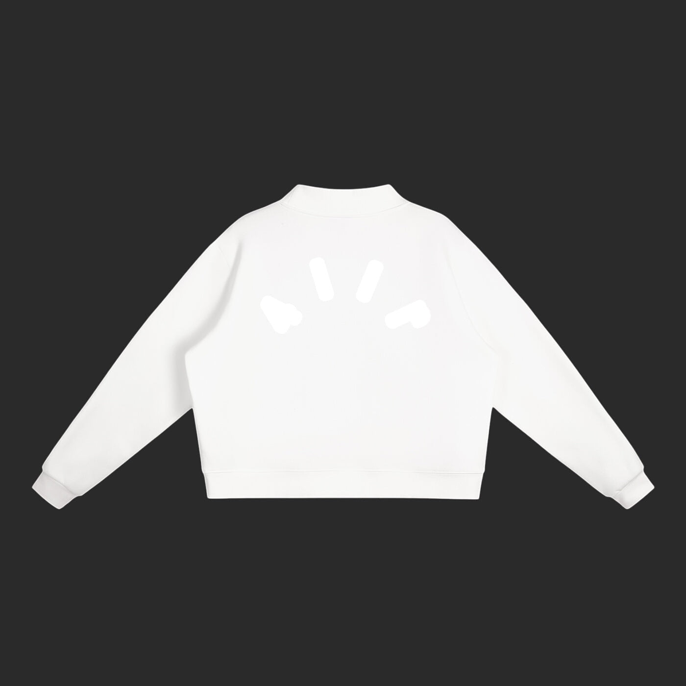 Back view of a 4iir Pink Cloud Sweater in white with a minimalist logo graphic on the upper back.