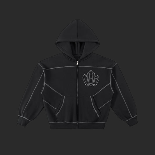 Contrast-Stitched Boxy Fleece Zip Hoodie